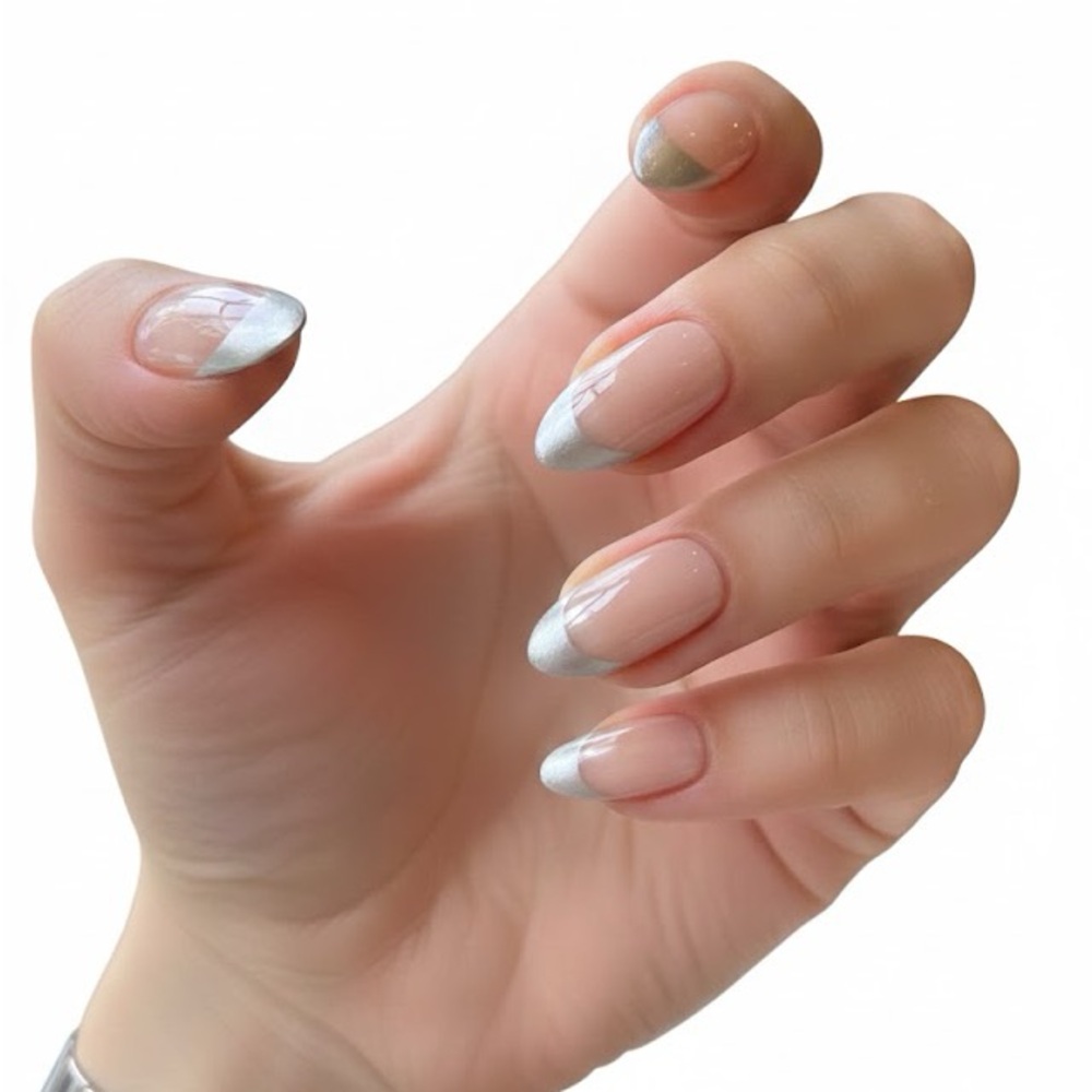 Rainy Roses Nude French Silver tip  Press-On Nails 24 New
